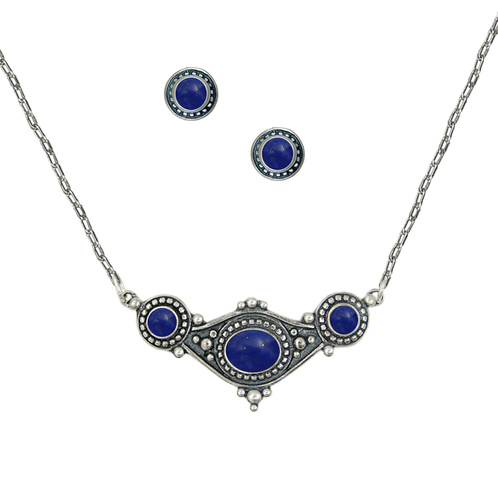 Sterling Silver Designer Necklace Earrings Set in Lapis Lazuli